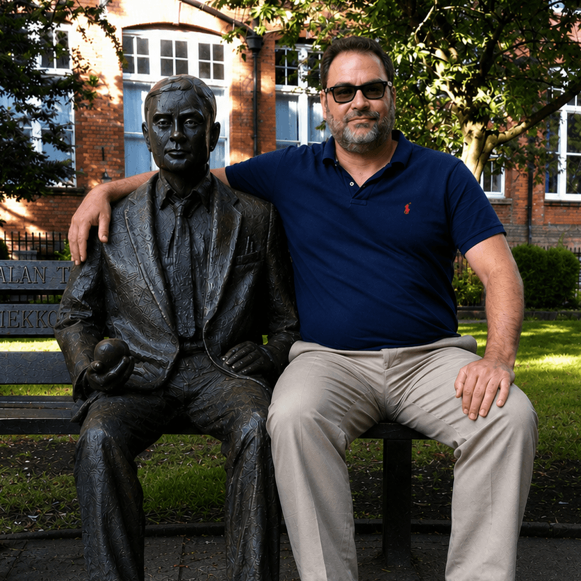 Michael Stout with the Alan Turing memorial in Sackville Gardens, Manchester